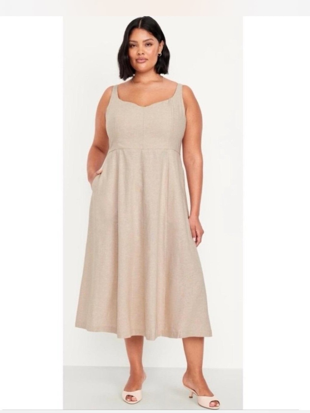 Neutral Linen Midi Dress - Sleeveless A-Line